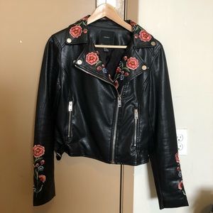 Rose embroidered leather jacket